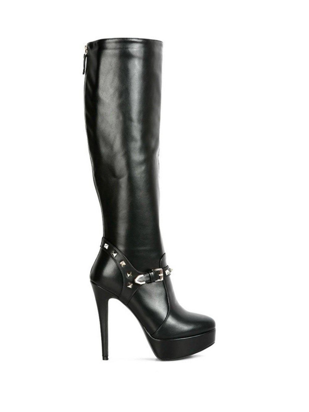 Black Studded Knee-High Platform Stiletto Boots